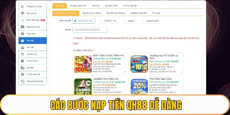 Các bước nạp tiền QH88 dễ dàng